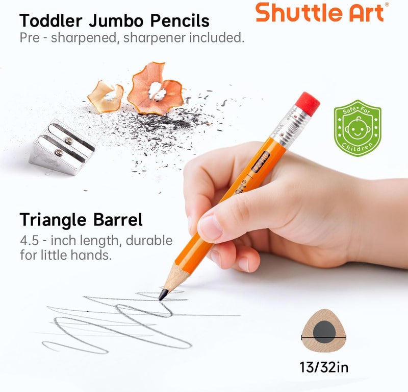 Shuttle Art Jumbo Pencils - 36 Pack Triangle Pre sharpened Pencils #2 HB with Top Erasers & Sharpener, for Kids Ages 3-5, Kindergarten School Supplies, Ideal for Home, Classroom - Image 4